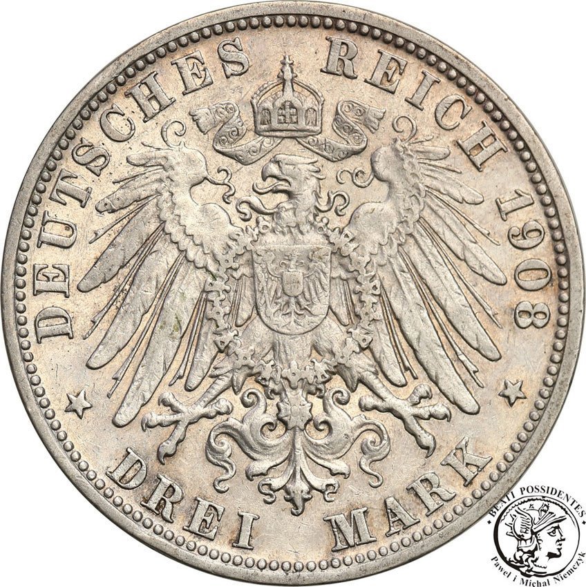 Niemcy, Bawaria. 3 marki 1908 D